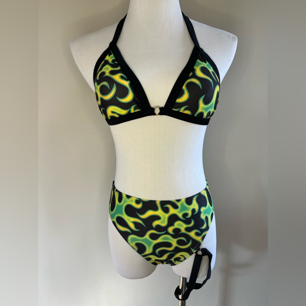 Black and Green Flame Bikini Rave Set with Arm Sleeves